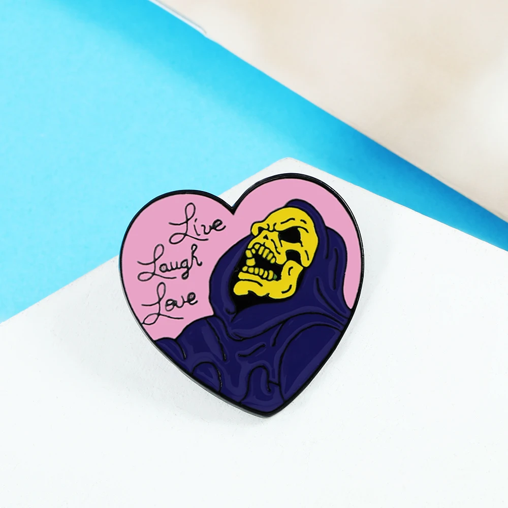 Purple Skeleton Enamel Pins Live Laugh Love Skull Heart Shape Brooch Denim Shirts Lapel Badge Halloween Gothic Dark Jewelry | Украшения и