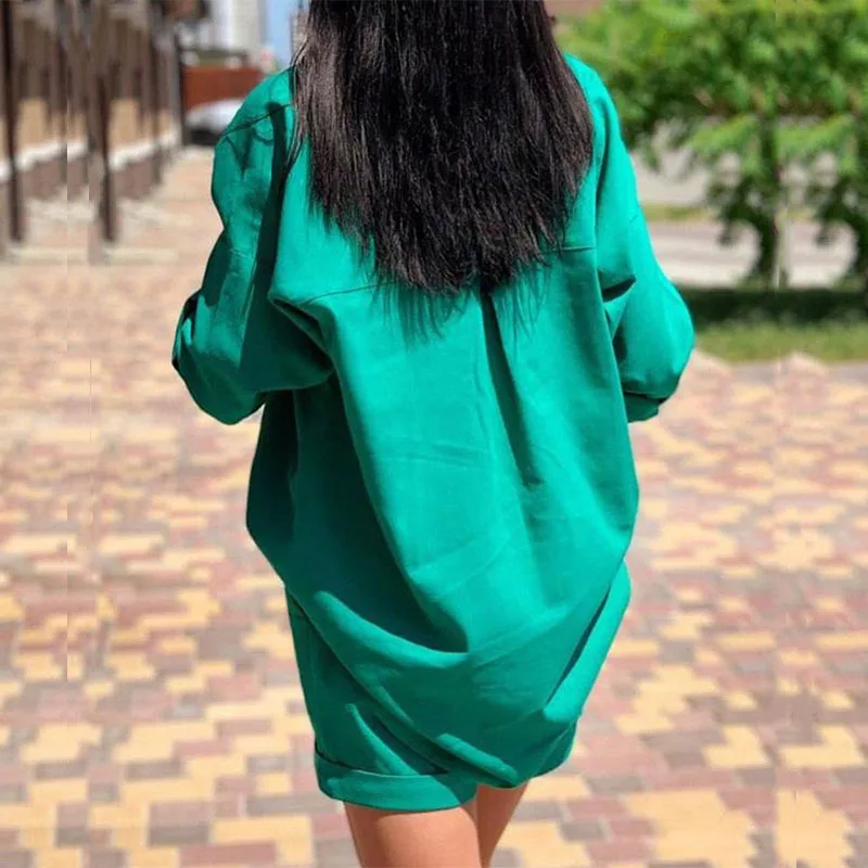 

2021 Casual Spring Summer New Women Two Piece Set Fashion Solid Long Sleeve Tops And Loose Shorts Turn-Down Collar Shirt Outfits