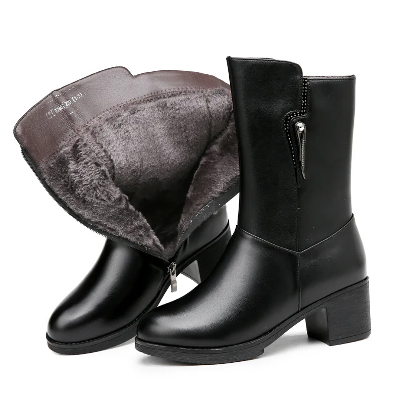 

New Winter Thick Heel Side Zipper Mid-tube Boots Women Boots Rhinestone Genuine Leather Plus Velvet Wool Boots Warm Cotton Boots