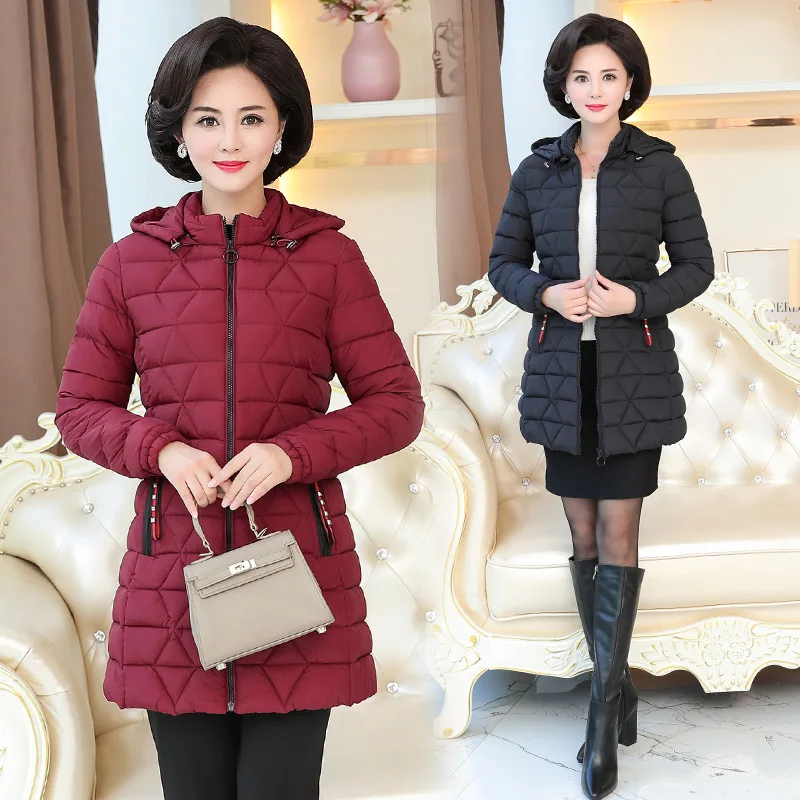 Enlarge Fdfklak Korean Fashion Slim Mid-Length Hooded Mother's Wear Plus Size Jacket Women Oversized Female Coat Winter Manteau Femme