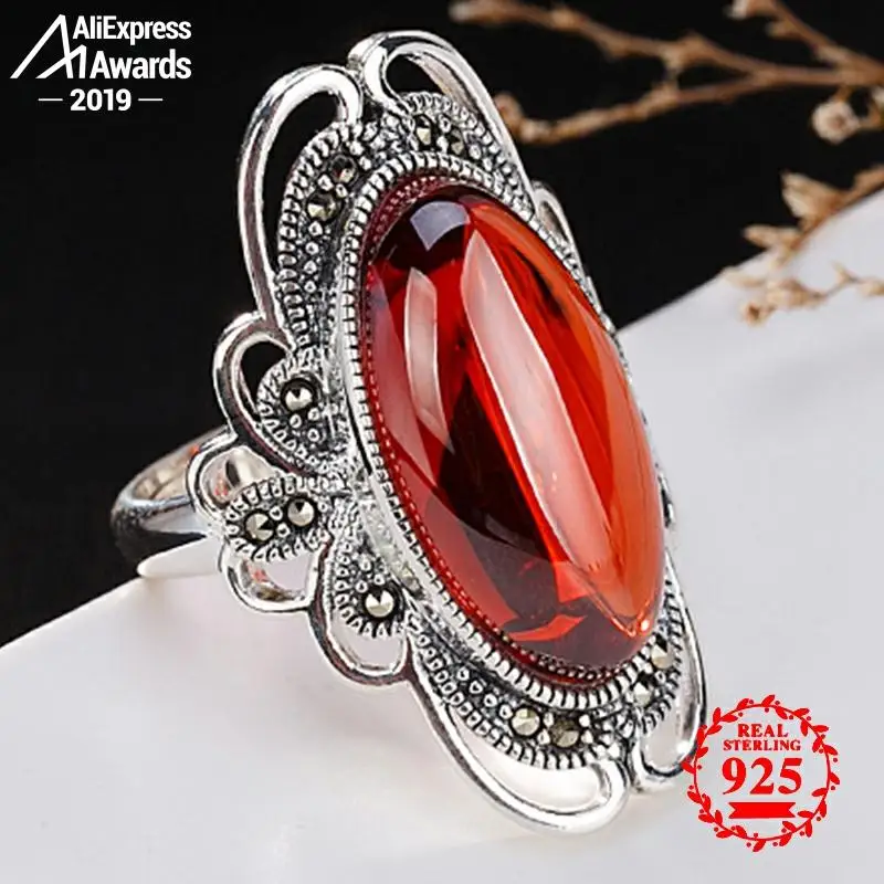 S925 огромный камень изысканный античный магазин рубиновые кольца для женщин