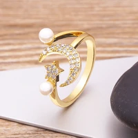 new hot selling gold color open adjustable moon star shape micro paved zircon ring fashion wrap dainty freshwater pearl jewelry