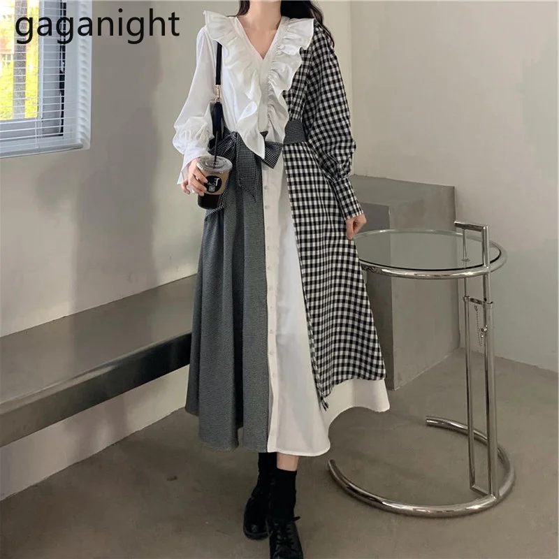 

Gaganight New Woman Plus Size Plaid Elegant Dress Long Sleeve V Neck Mid-Claf Vestido Female Ruffles Irregular Party Dress Robe