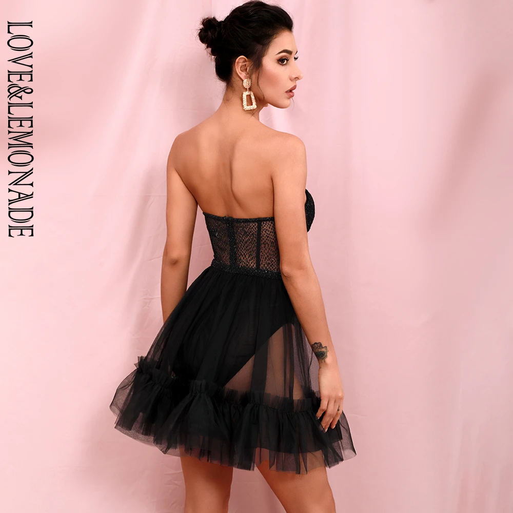 

LOVE&LEMONADE Black Sexy Tube Top Perspective Mesh Fluffy Shape Glitter Glued Party Mini Dress LM82353