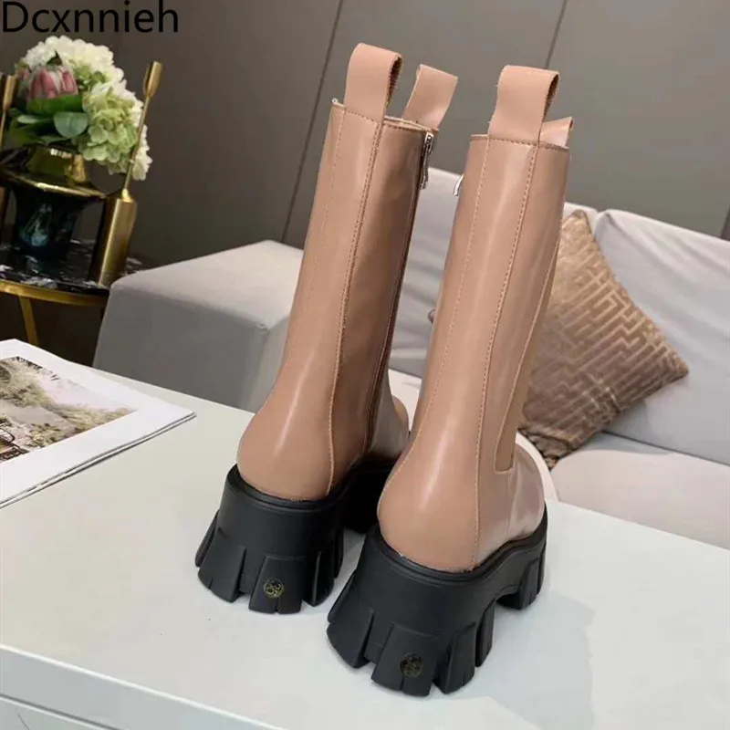 

Cow Leather Thick Sole Chelsea Boots Women Round Toe Knight Boots Woman Platform Shoes Motorcycle Boots For Woman Ankle Boots