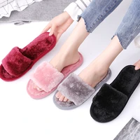 2021 new arrival indoor home slippers plush faux fur slides for women floor warm slip on flats fluffy cotton shoes