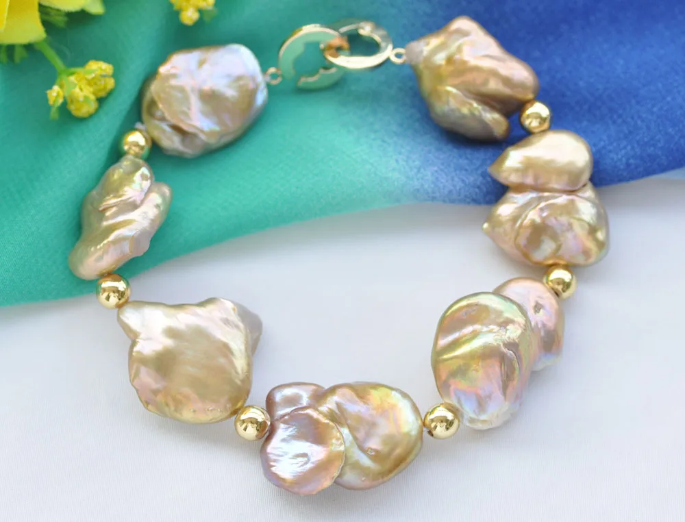 

P7704 8" 30mm Golden-Lavender Baroque Keshi Pearl Bead Bracelet CZ