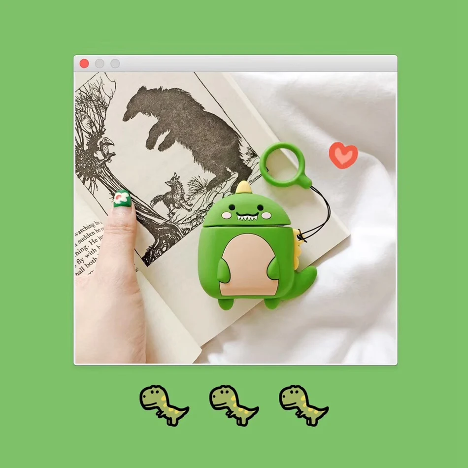 Dinosaur For AirPods 1/2 Case Cute Cartoon Squirrel Earphone Cases For Apple Airpods 2 Kawaii Soft Protect Cover with Finger Ring Strap - Цвет: Dinosaur