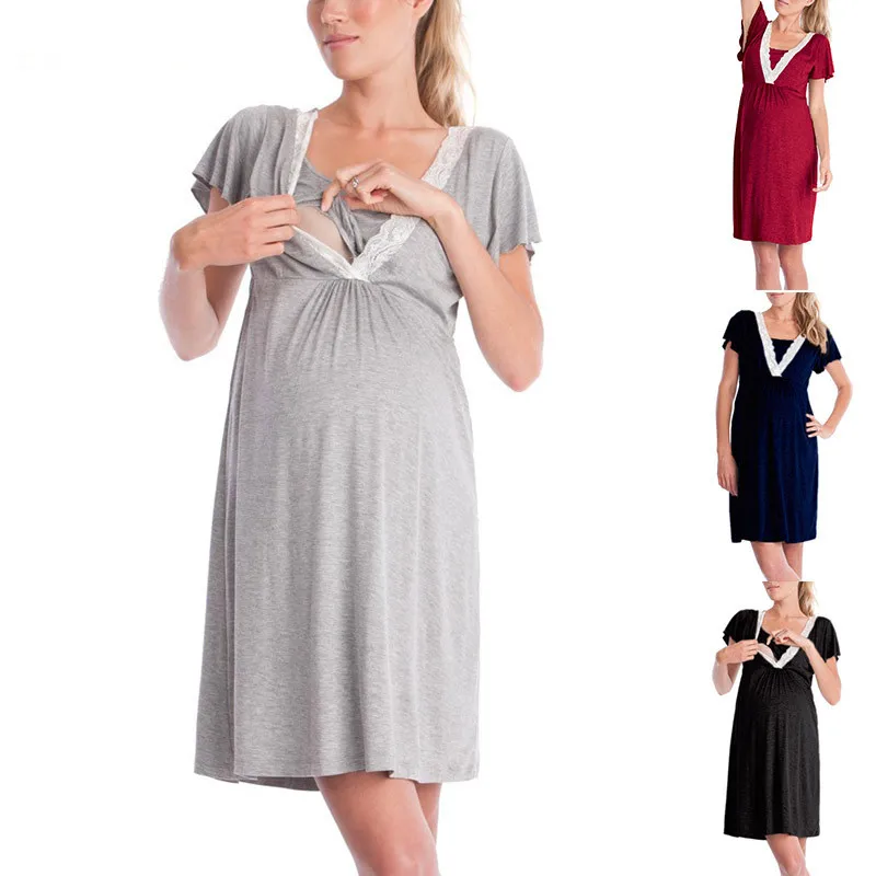 Nursing Pajamas Lace V Neck Pregnant Breastfeeding Nightgown Women Maternity Fashhion Sleepwear for Pregnancy Nightwear