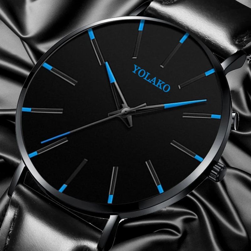 Простые мужские модные часы кожа черный цвет ультра тонкий матовый циферблат
