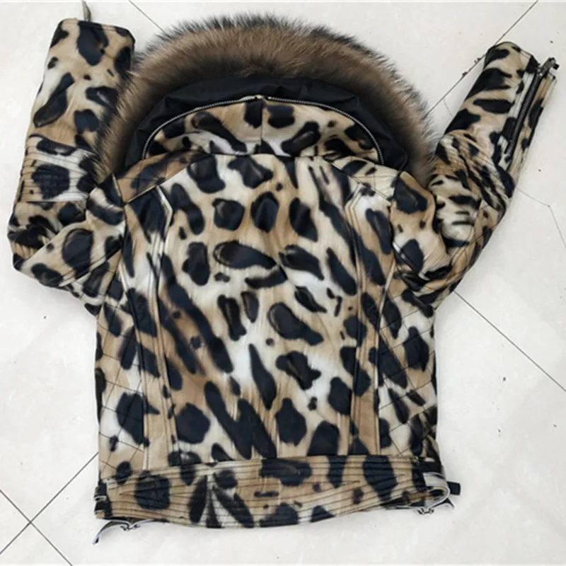 Genuine Leather Jacket Women Sexy Leopard Sheepskin Jacket Large Raccoon Fur Collar Real Fur Coat Women