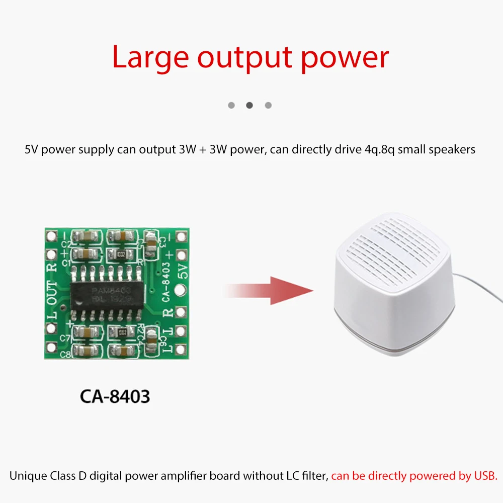 

PAM8403 2x3W Digital Class D Amplifier Board Module Mini Audio Speaker Sound Board 2.5V to 5V Module Amplificador