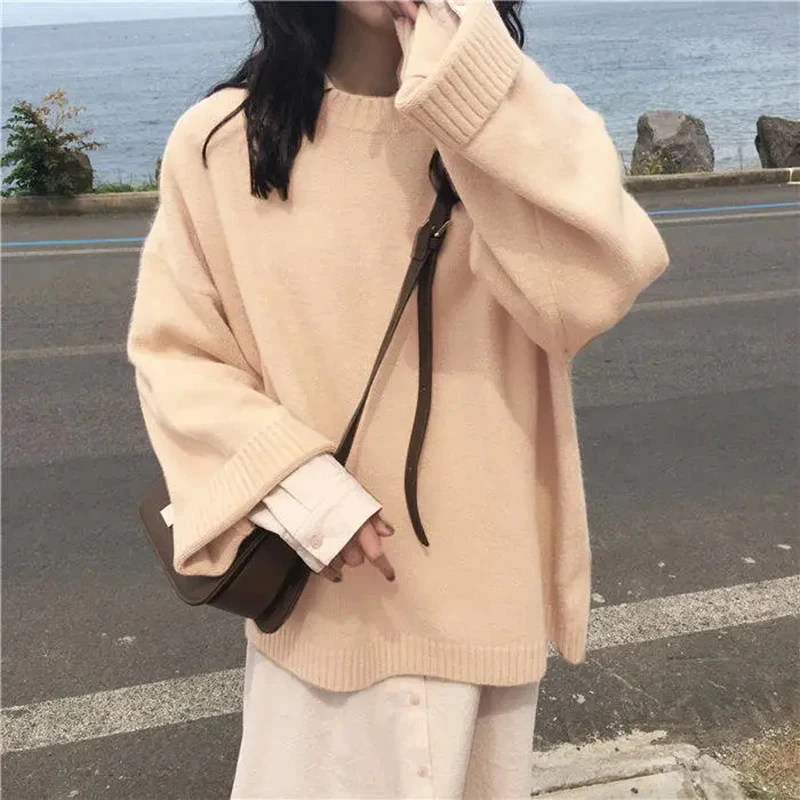 

Simple All-match O-neck Flared Sleeves Woman Knitwear Sweaters Korean Style Solid Loose Soft Preppy Style Pullover Sweater Women