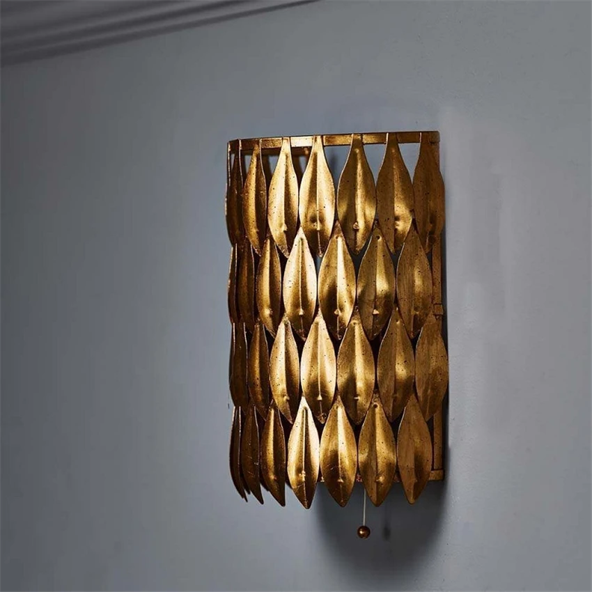 

American Country Gold Foil Leaf Retro Wall Lamps Mediterranean Bedroom Bedside Living Room Corridor Soft Sconces Wall Lights