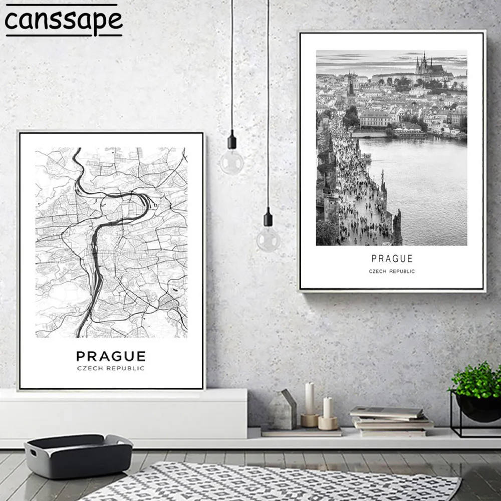 

Black and White Wall Art Print Prague City Map Poster City View Canvas Painting Nordic Wall Pictures For Living Room Decoration