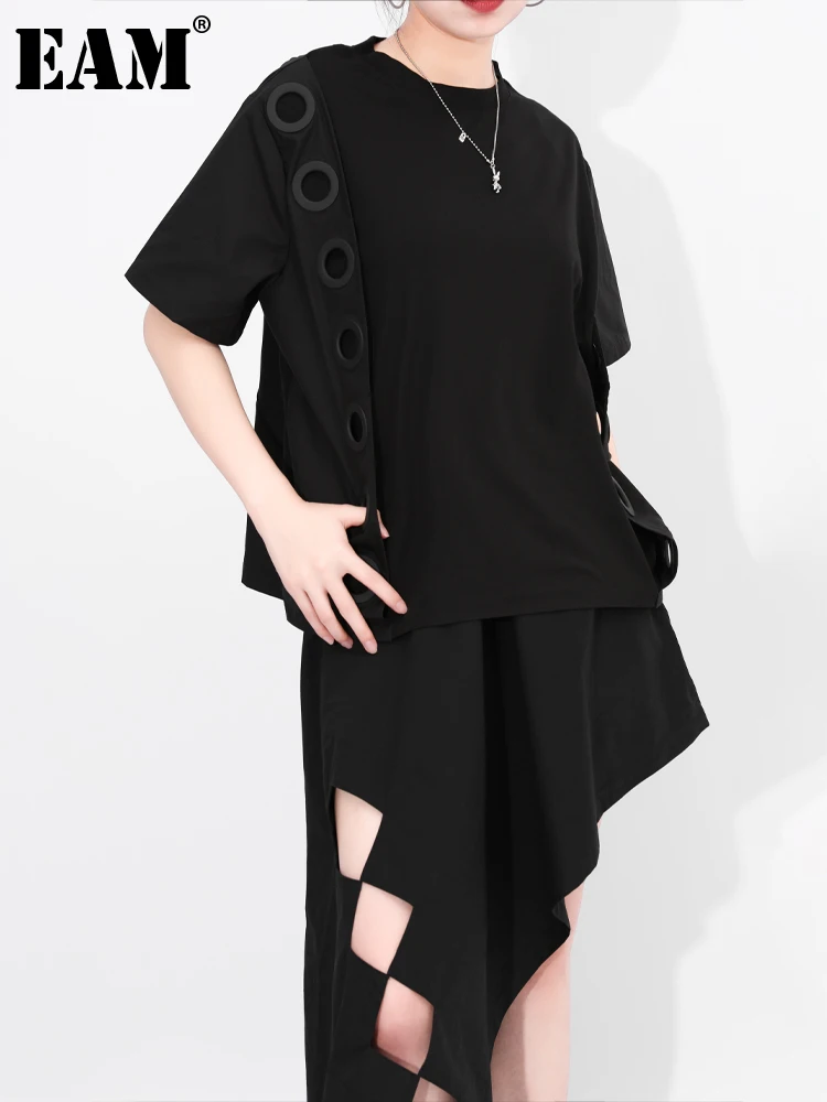 

[EAM] Women Black Hollow Out Casual Big Size T-shirt New Round Neck Long Sleeve Fashion Tide Spring Summer 2021 JW04501