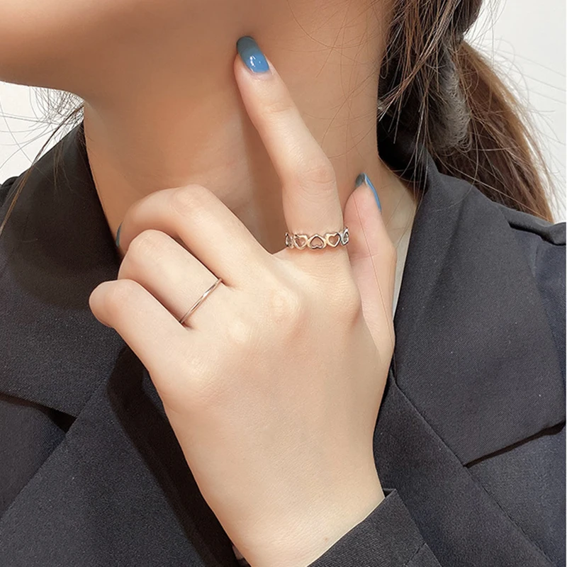 

BOAKO New Popular 925 Sterling Silver Jewelry Fine Small Fresh Fashion Simple Heart-Shaped Love Hollow Opening Rings Anillos