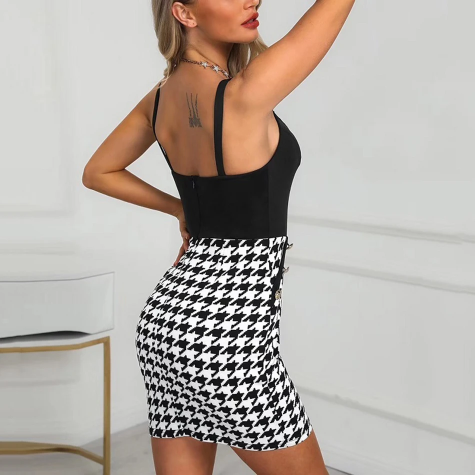 

2021 Summer New Women'S Fashion Sexy Black Pink Spaghetti V-Neck Jacquard Houndstooth Bodycon Club Party Bandage Dress Vestidos