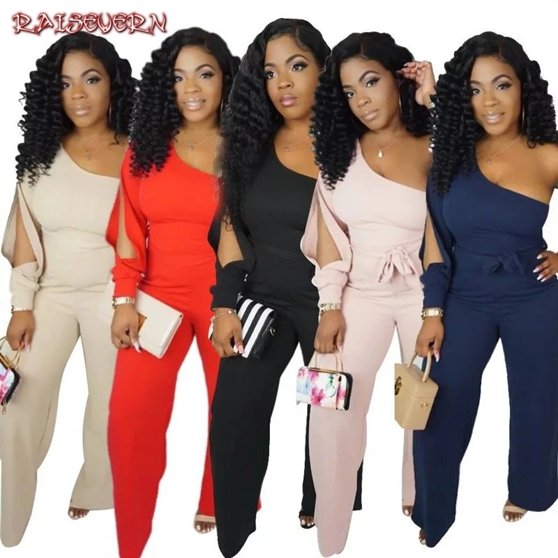 Женский комбинезон на одно плечо с широкими штанинами разрезом и высокой