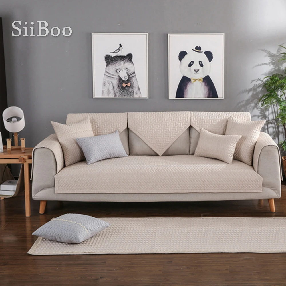 Серый Бежевый клетчатый стеганый чехол для дивана на лето и весну льняные Чехлы