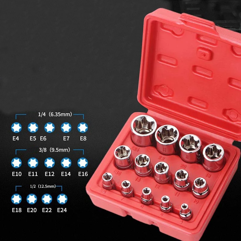 

14-Piece Set E-Type 6-Flower Socket Head Combination Wrench 1/2 3/8 1/4 Auto Repair Tool E4-24mm