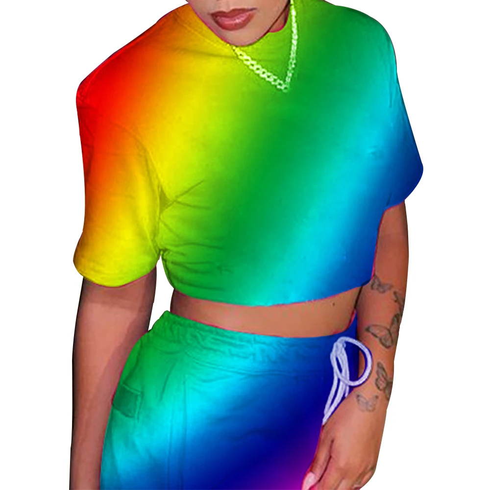 

Women Outfit Rainbow Color Summer Lady Two-Piece Tracksuit Set Positioning Printing Clothing Set Street Wear Female Clothes D30