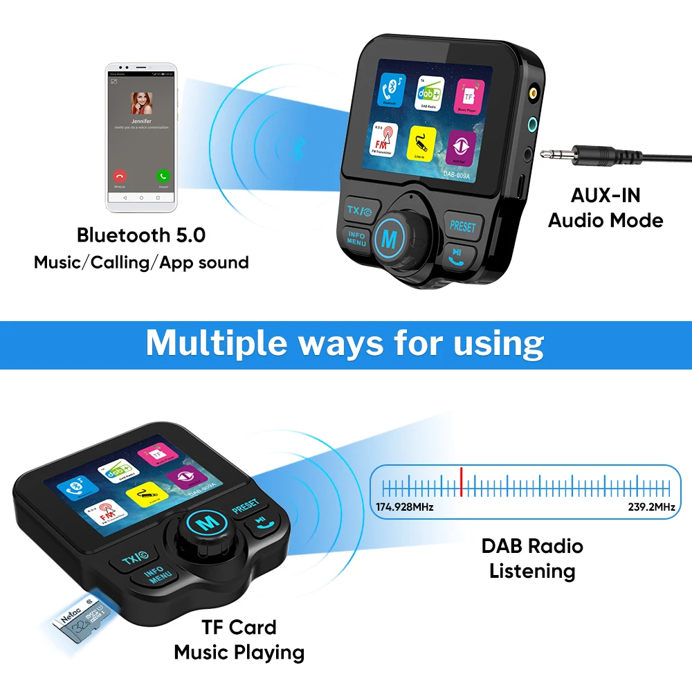 Deelife Car DAB+ Radio DAB Tuner Digital Audio Broadcasting Receiver with FM Transmitter AUX Adapter Handsfree Bluetooth Kit | Автомобили
