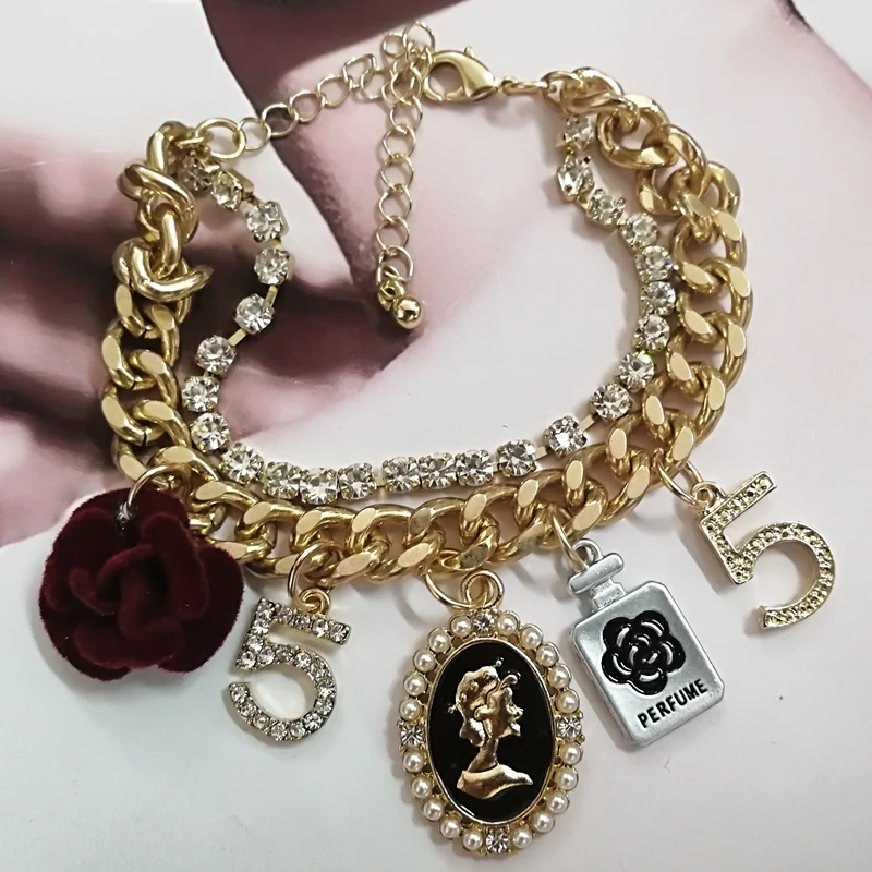 

korean design style crystal five chain bracelet for women pearl flower bracelet jewelry