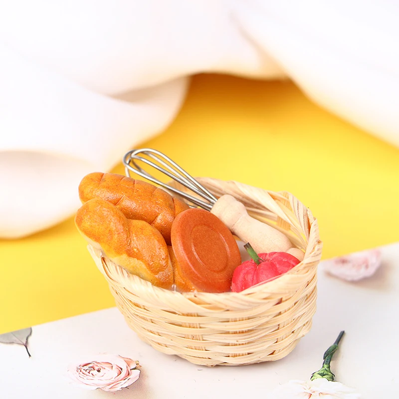 

Doll House Toys Bamboo Crate Bread Basket with Bread DIY Miniature Models