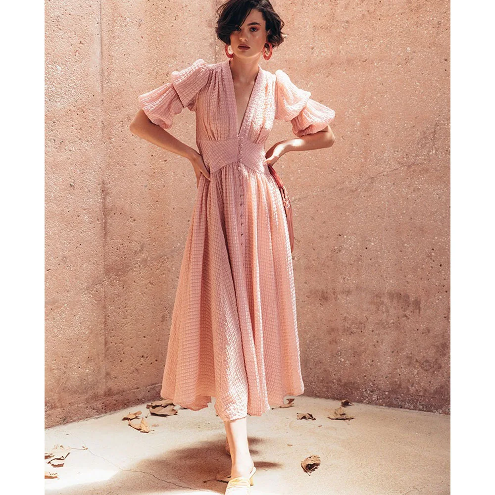 Женское платье с рукавами-фонариками OMILKA розовое элегантное вечернее миди