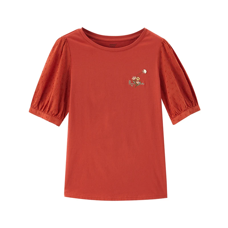 

INMAN Sweet Style Top Summer Artsy Girl Women Flower Embroidery Dobby Plant Lantern Sleeve Lady T-shirt