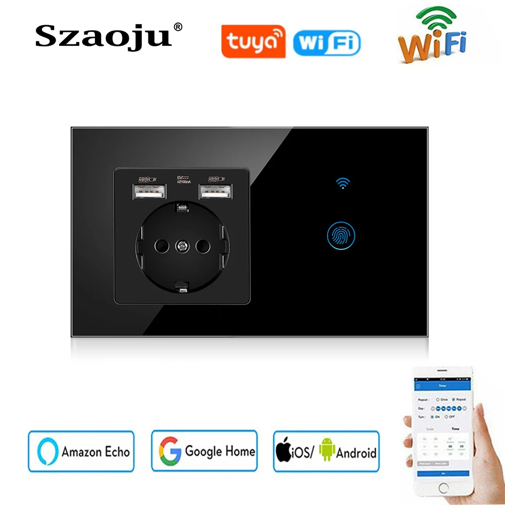 

TUYA Smart Touch Switch With USB Socket Crystal Glass Panel AC110~250V 16A 146*86mm Wall Socket With Light Switch 1Gang 1Way