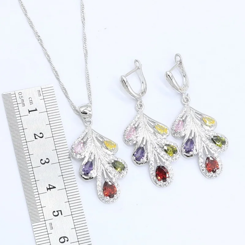 Серебряный свадебный набор украшений для женщин разноцветный циркониевый