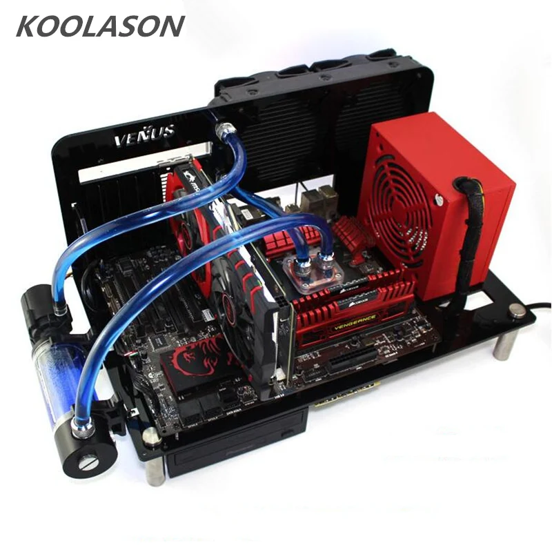 KOOLASON DIY Настольная акриловая стойка водяное охлаждение ATX MATX Прозрачный чехол для компьютера с башнями горизонтальная Основная коробка шасси