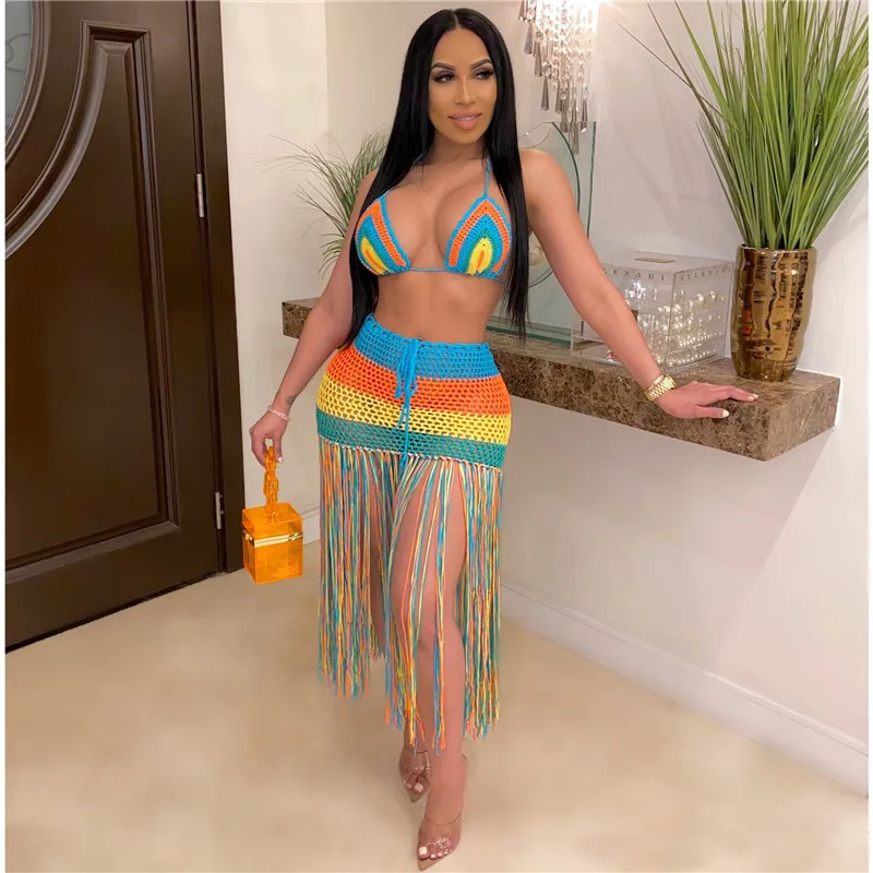 Комплект бикини женский из 2 предметов вязаный крючком купальник-накидка с