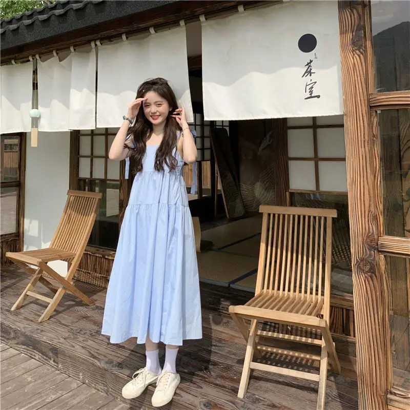 

Solid Sleeveless Dress Women Bandage Maxi Loose Lovely College Sweet Summer Simple Fashion Ulzzang Leisure Hot Sale Ladies Ins