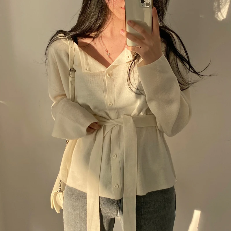 

Однотонные вязаные кардиганы, пальто, женские облегающие универсальные свитера с поясом, стильная уличная офисная одежда, 2021