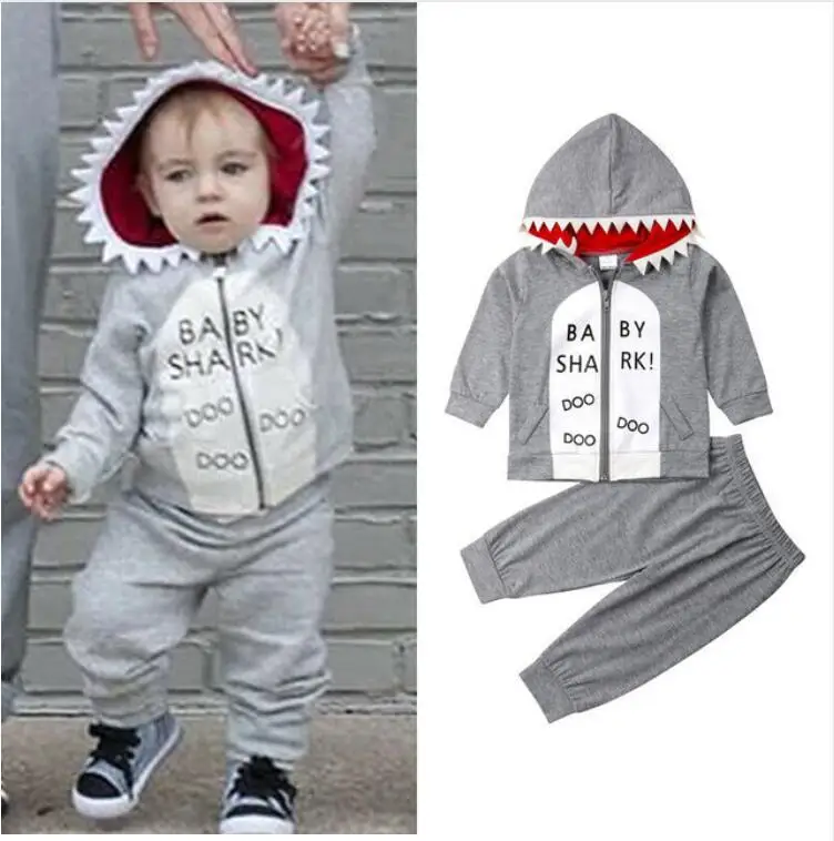 2020 kids baby boys clothing set casual long sleeve hoody jacket with shark cap+ pants trpusers 2pcs spring | Детская одежда и