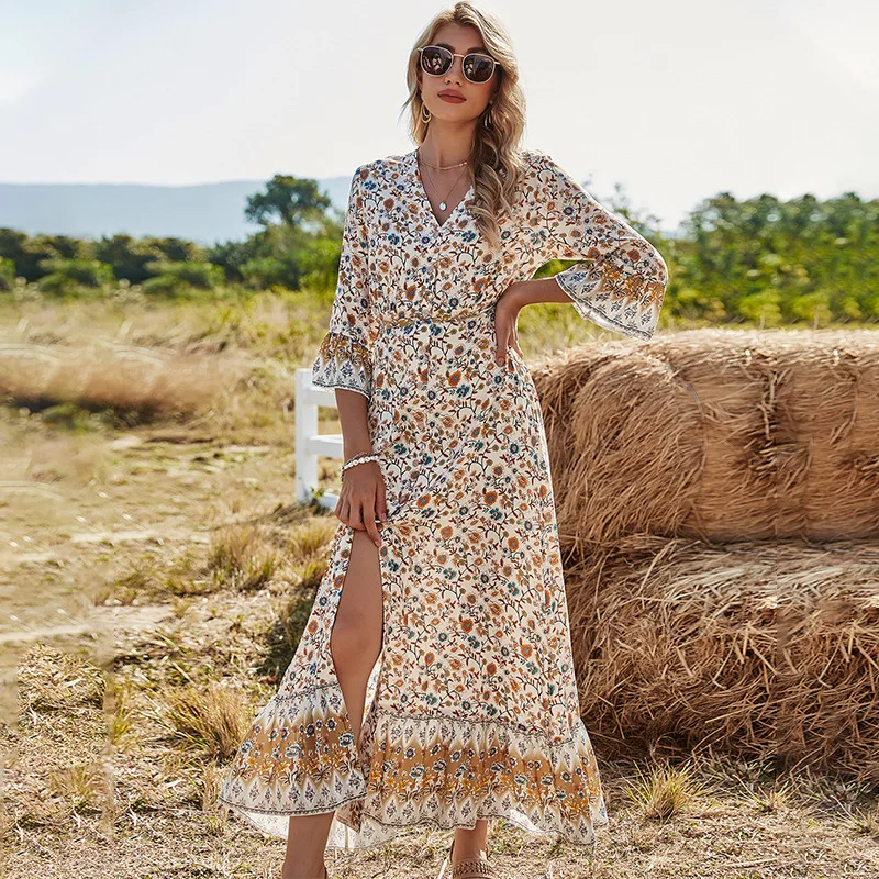 Summer women's dress V-neck high waist slit bohemian print A-line long dress women