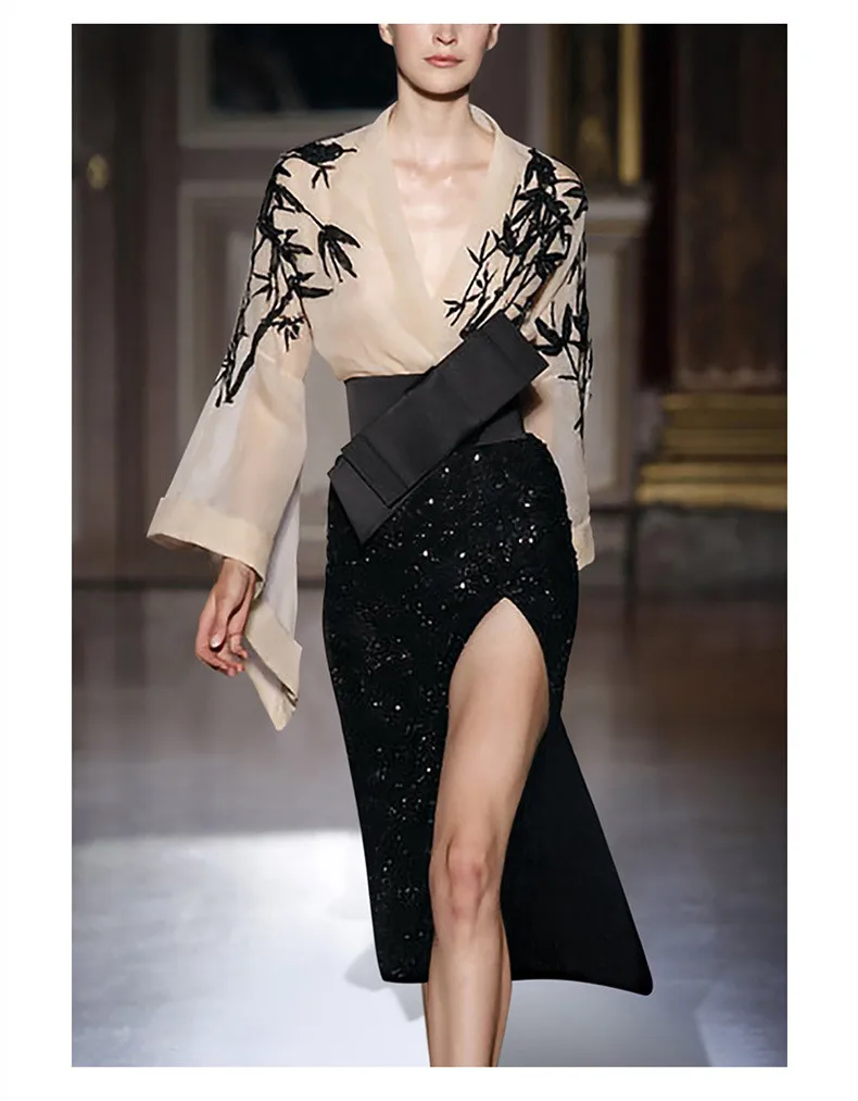 

Fashion Star Brand Set Female 2021 Chinese Style Organza Top Sexy Sequins Long Skirt Fairy Two Piece Clothes Suit Elegant New