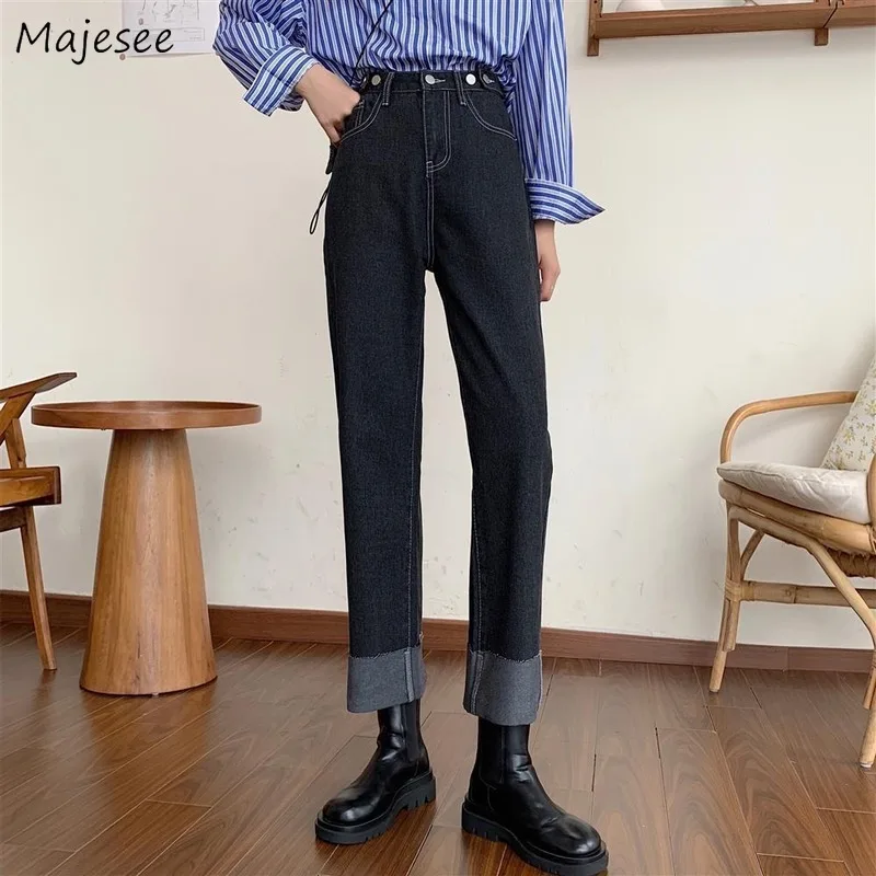 

Jeans Women Denim Straight Loose Cuffs High Waist Vintage Retro Adjustable Korean Style Chic Students Simple All-match Trousers