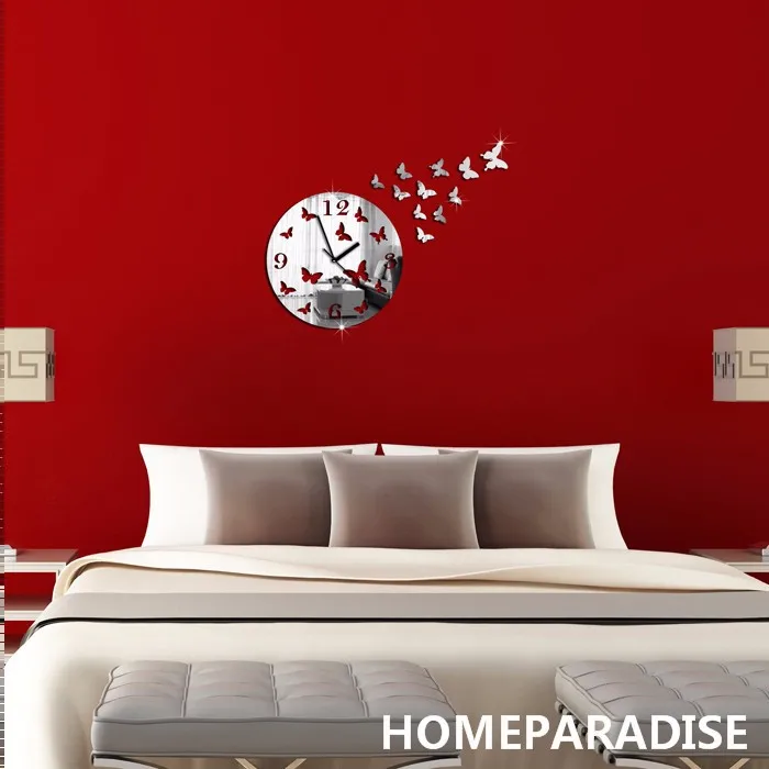 Diy 3d бабочки Искусство с украшением в виде кристаллов зеркальные настенные часы