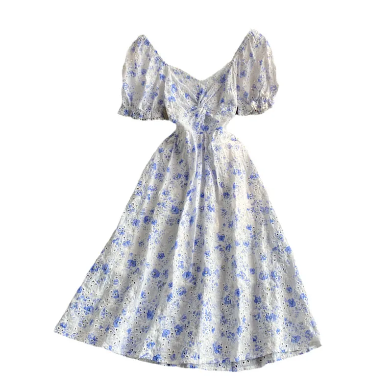 

Aibeautyer New Summer Vintage Floral Print Short Dress A Line V Neck Puff Sleeve High Waist Mid-Calf Women Dresses