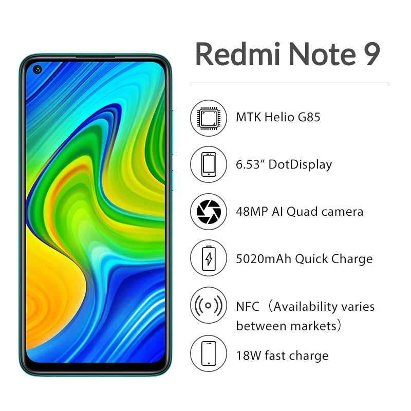 Глобальная версия смартфона Xiaomi Redmi Note 9 красный mi 3 Гб 64 ГБ 5020 мАч аккумулятор MTK