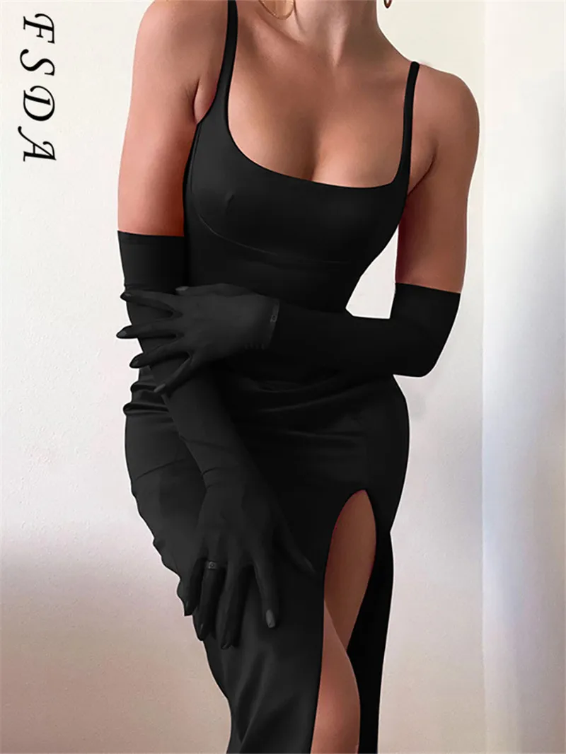 

FSDA Midi Elegant Bodycon Dress Party Women Satin Black Sleeveless Sexy 2021 Summer Autumn Club Dresses Off Shoulder Split