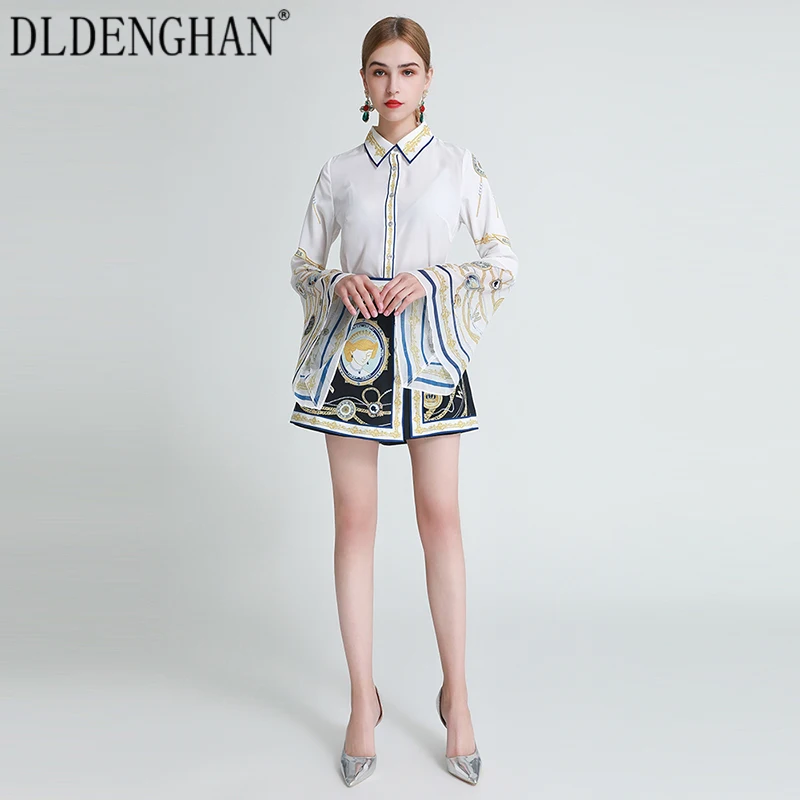 

DLDENGHAN Fashion Print Set Women'sFlare Sleeve Turn-Down Collar Blouses Tops + Slim Shorts Two-Piece Sets Designer Autumn New