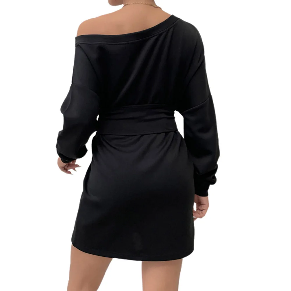 

Цельнокроеное платье, женские осенние платья Мини Вечерние открытыми плечами и длинным рукавом, черные облегающие зимние Клубные Модные же...