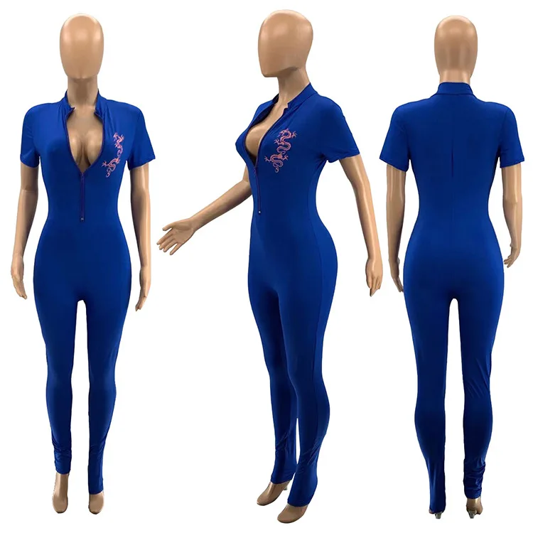 

Print Pattern Short Sleeve Zipper Collar Jumpsuits Women Sheath Skinny Elastic Full Length Jumpsuit Casual Outfits 2021