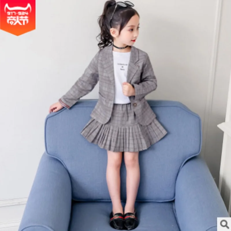 

Girls Skirt Suits Sets 2021 New Spring and Autumn Girls Children's Fashion Single-breasted Plaid Gray Color Suits Size4-14 ly145