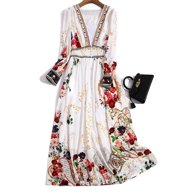

Spring 2021 new women's fashion deep v-neck long-sleeve closed posed long waist single-breasted printed dresses